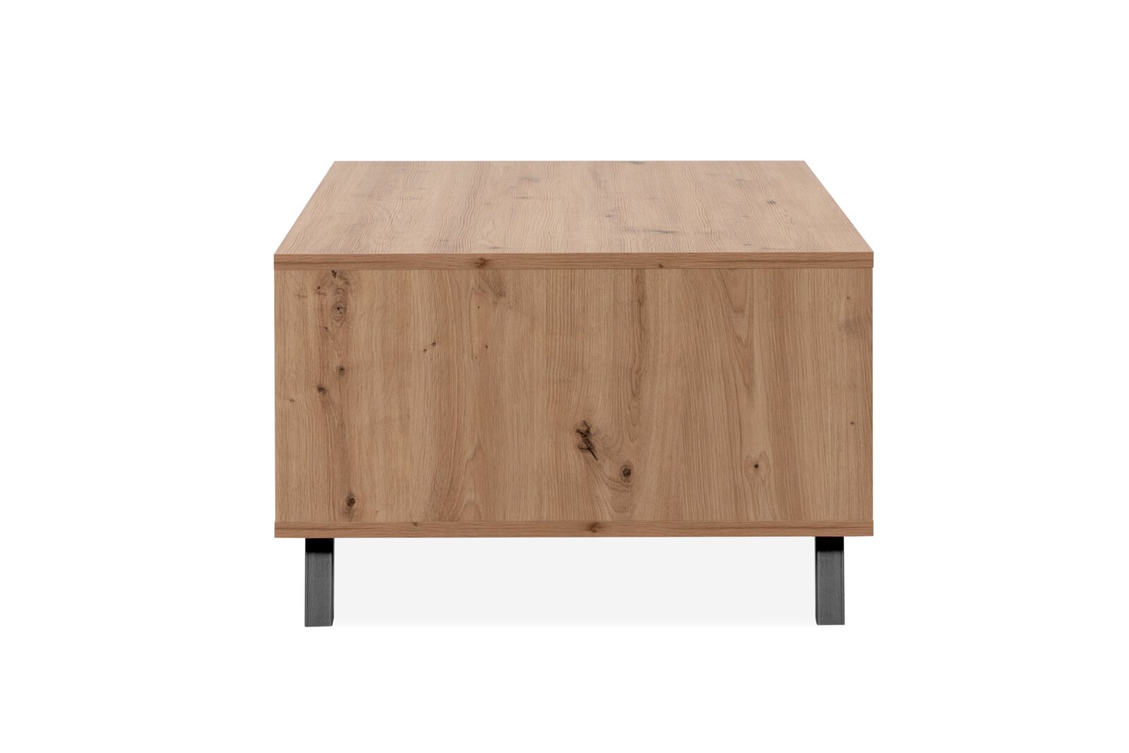 Moderne houten salontafel met natuurlijke nerf, gezien vanaf de voorkant.
