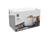 Verpackung des WMF Stelio Toaster Edition, Vorderansicht mit Bild des 2-Scheiben-Toasters und Toastscheiben.