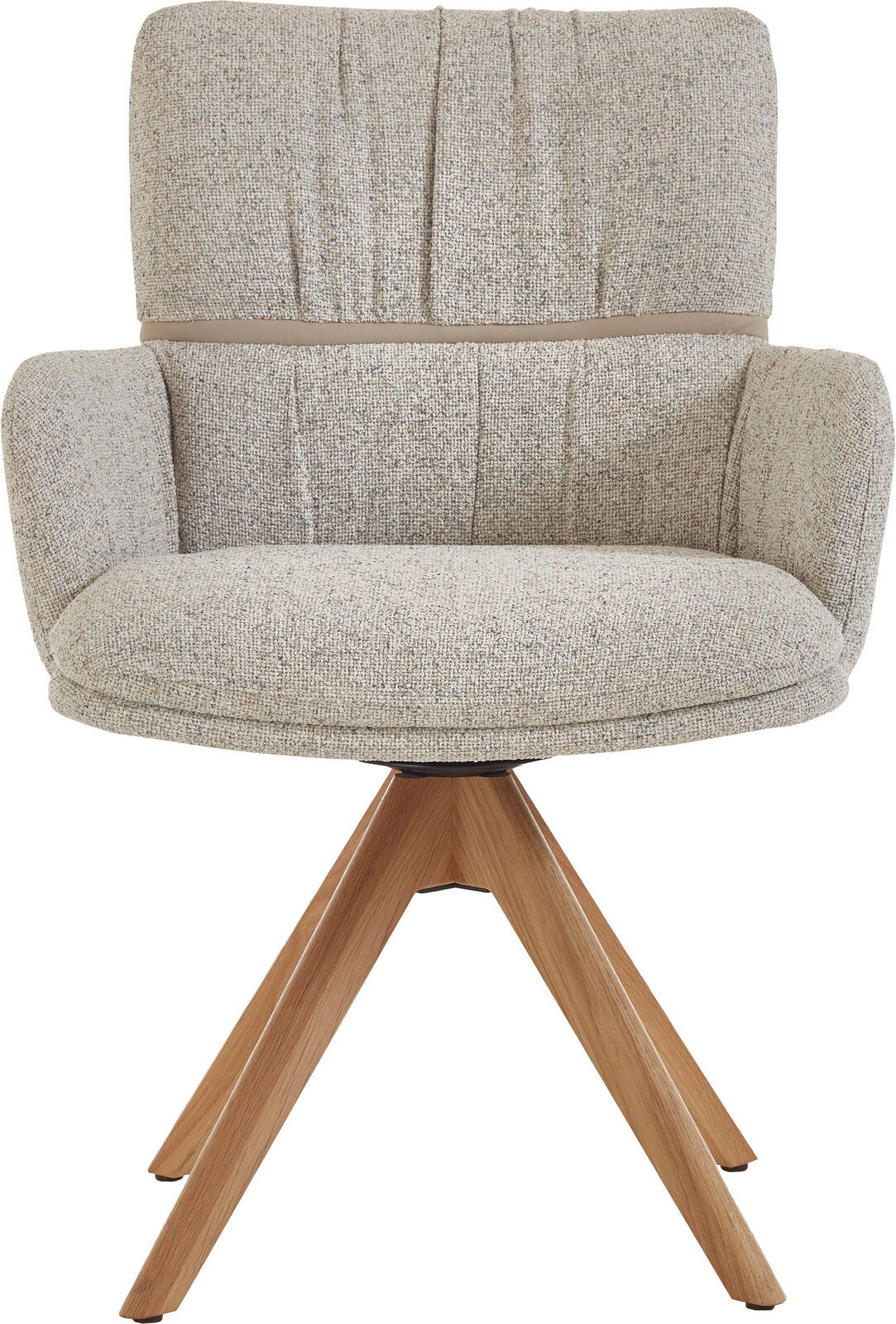 Gepolsterter Drehstuhl mit Armlehnen in hellgrauem Strukturstoff und Holzfuß, frontal von vorne freigestellt