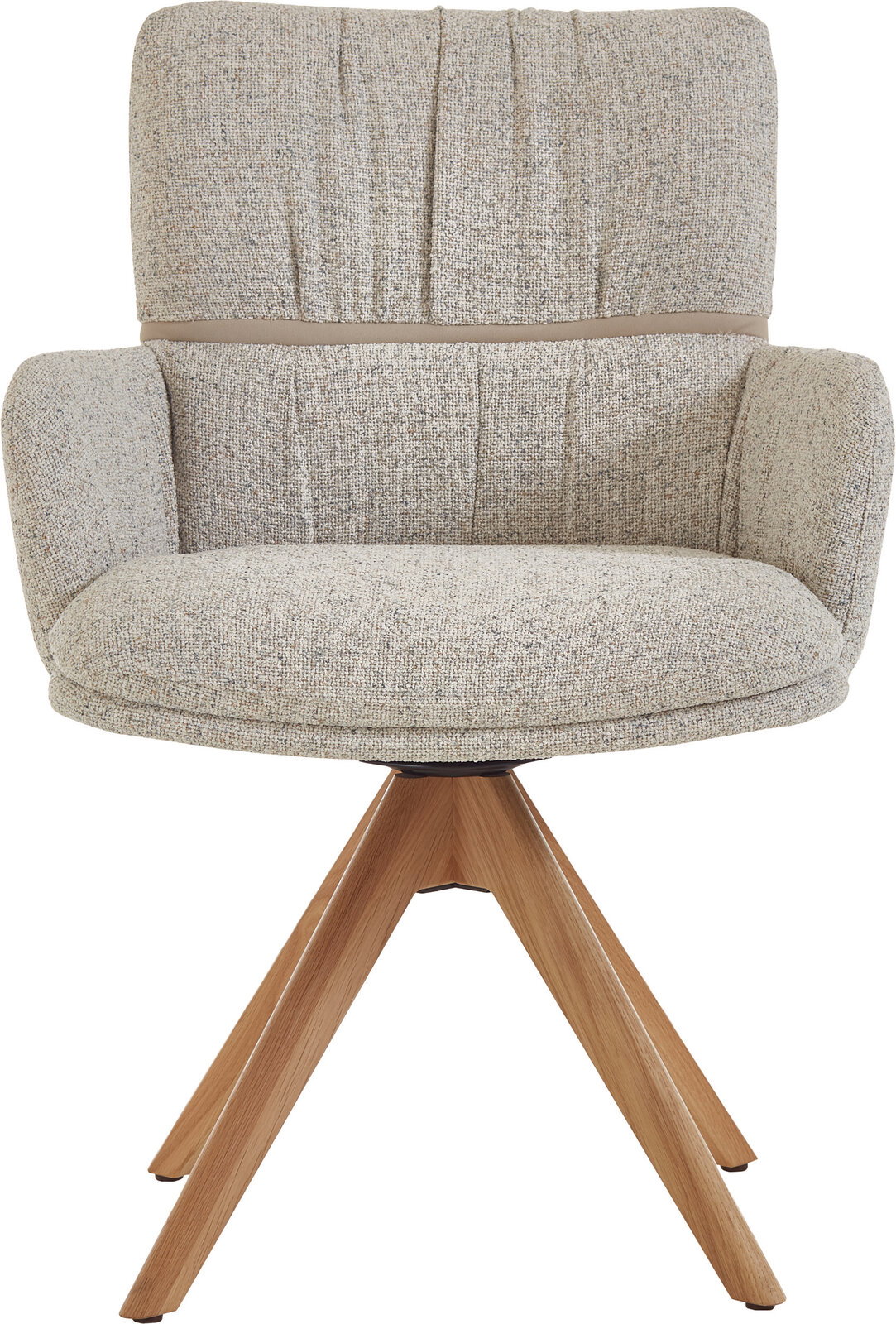 Gepolsterter Drehstuhl mit Armlehnen in hellgrauem Strukturstoff und Holzfuß, frontal von vorne freigestellt