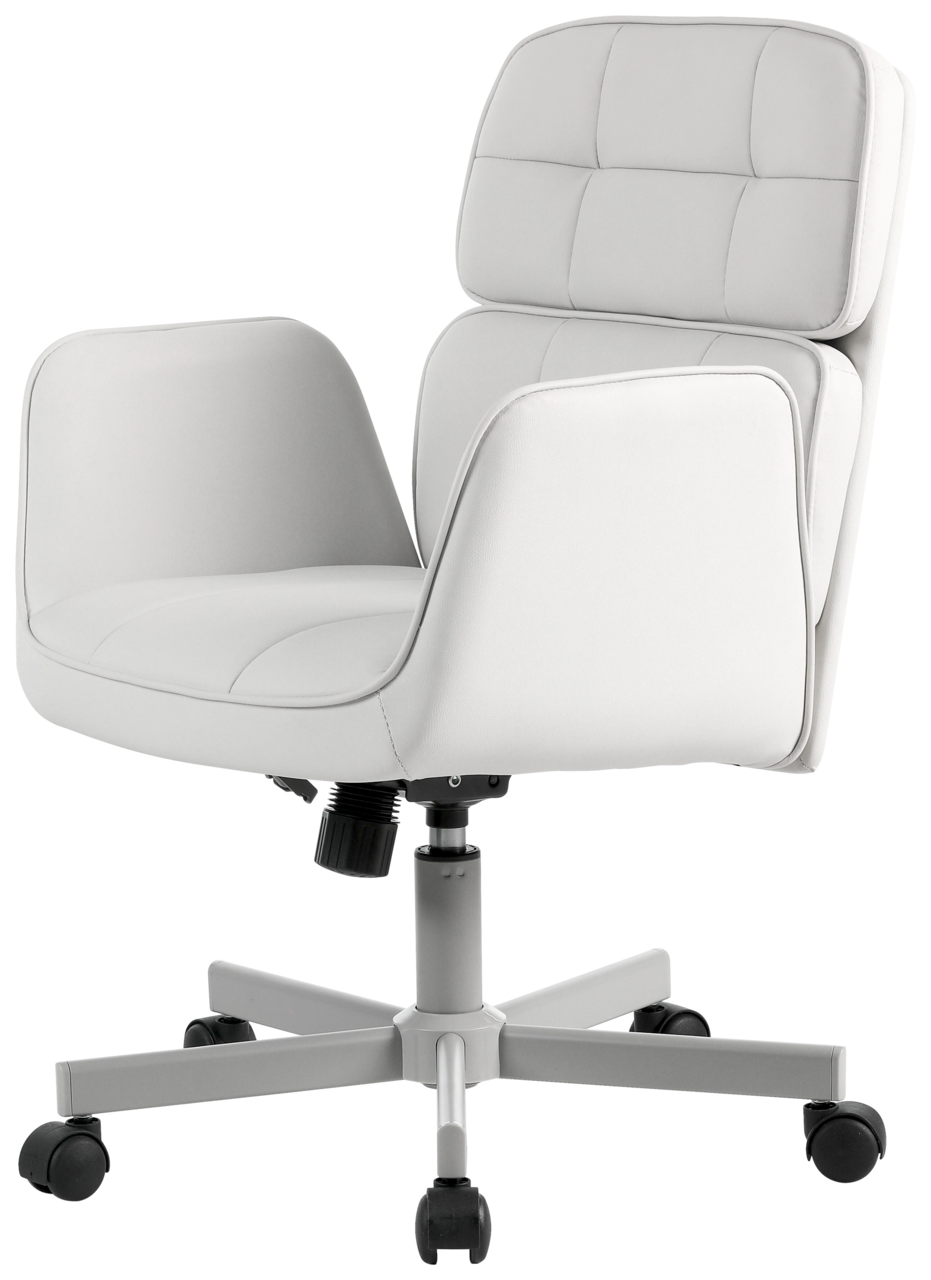 Moderner weißer Drehstuhl mit gepolsterter Rückenlehne und Armlehnen, seitliche Perspektive