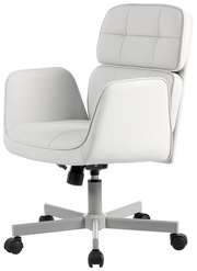 Moderner weißer Drehstuhl mit gepolsterter Rückenlehne und Armlehnen, seitliche Perspektive