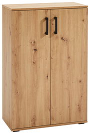 Schuhschrank aus Holz mit zwei Türen und schwarzen Griffen, frontale Ansicht