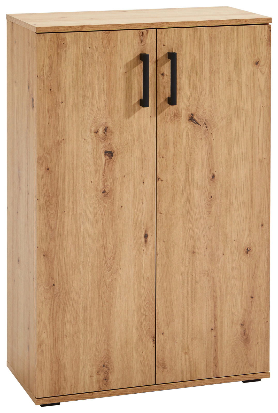 Schuhschrank aus Holz mit zwei Türen und schwarzen Griffen, frontale Ansicht