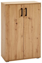 Schuhschrank aus Holz mit zwei Türen und schwarzen Griffen, frontale Ansicht