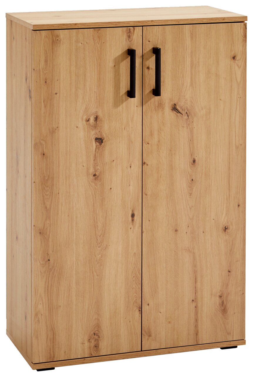 Schuhschrank aus Holz mit zwei Türen und schwarzen Griffen, frontale Ansicht