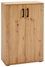 Schuhschrank aus Holz mit zwei Türen und schwarzen Griffen, frontale Ansicht