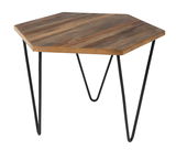 Sechseckiger Beistelltisch aus Holz mit Metallbeinen, seitliche Perspektive