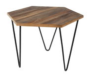 Sechseckiger Beistelltisch aus Holz mit Metallbeinen, seitliche Perspektive