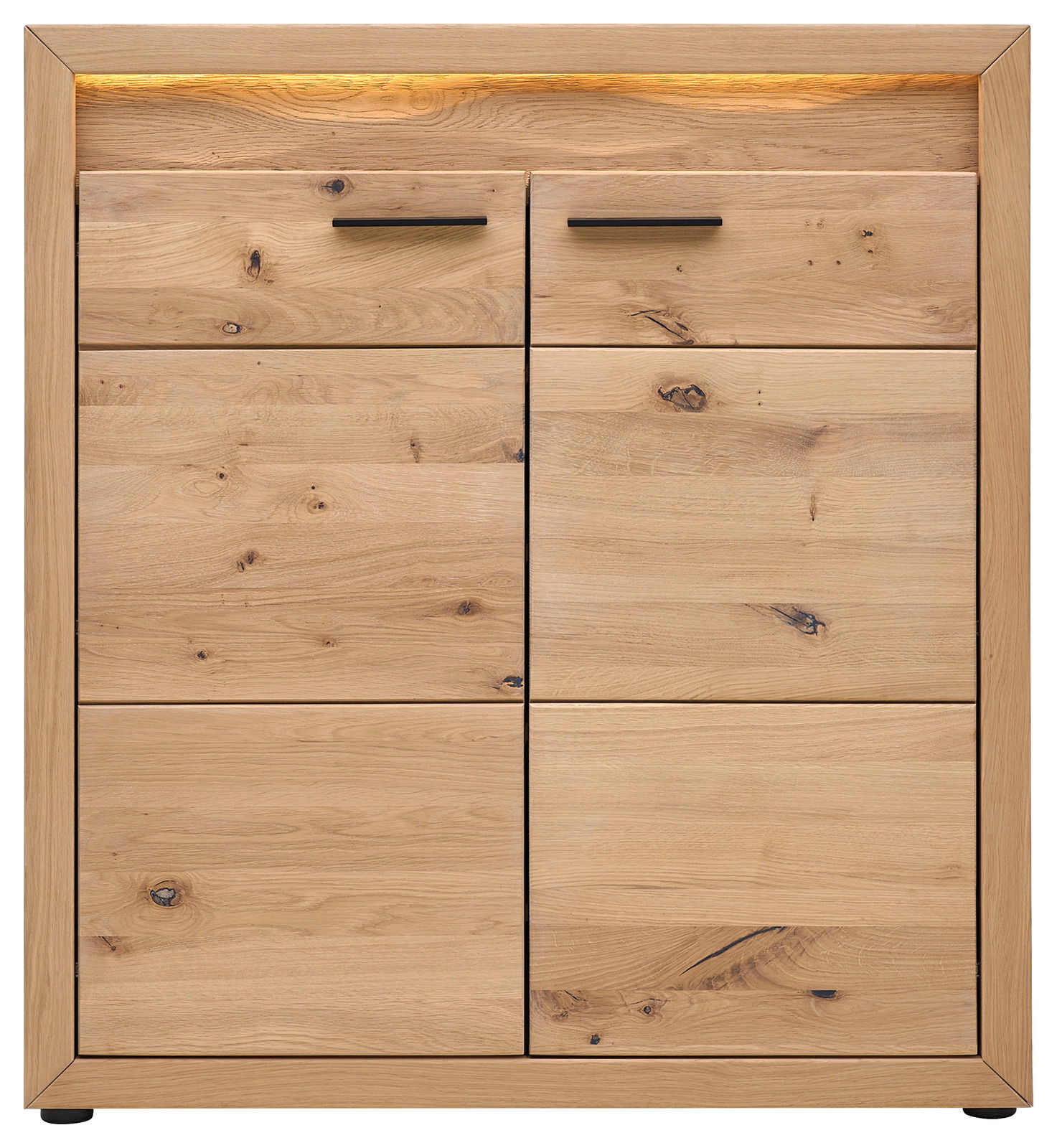 Moderner Schuhschrank aus hellem Holz mit vier Türen und schwarzen Griffen, frontal betrachtet.