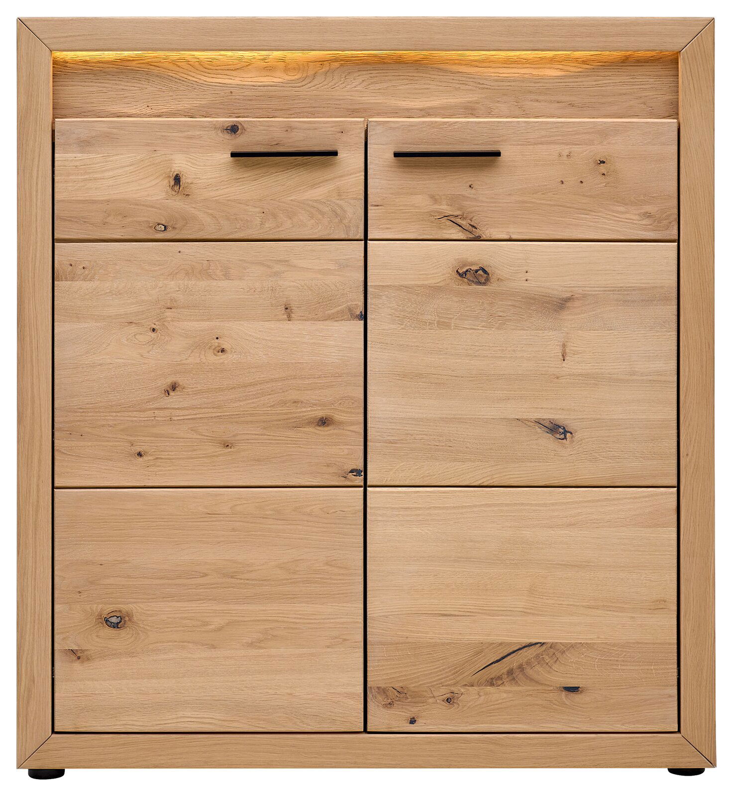 Moderner Schuhschrank aus hellem Holz mit vier Türen und schwarzen Griffen, frontal betrachtet.