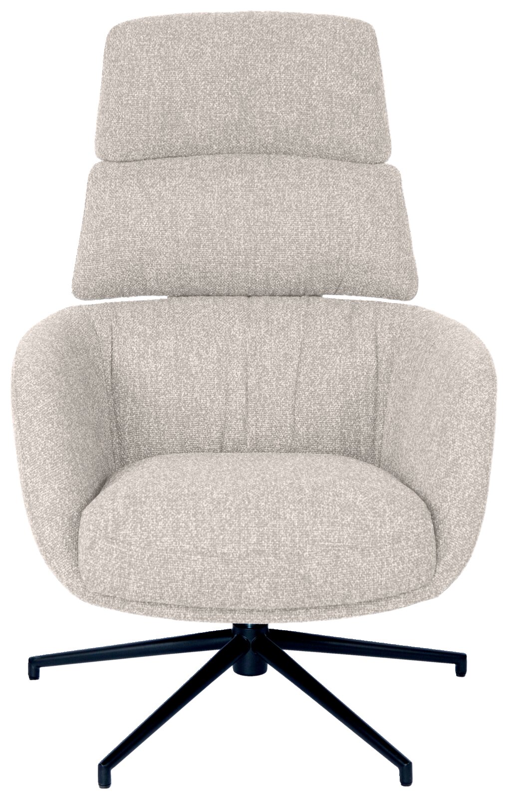 Vooraanzicht van een moderne, lichtgrijze fauteuil met hoge rugleuning en een zwart draaipoot.