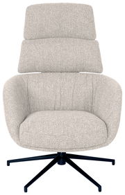 Frontansicht eines modernen, hellgrauen Sessels mit hoher Rückenlehne und schwarzem Drehfuß.