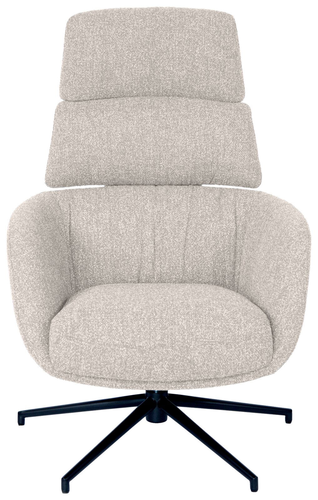 Frontansicht eines modernen, hellgrauen Sessels mit hoher Rückenlehne und schwarzem Drehfuß.