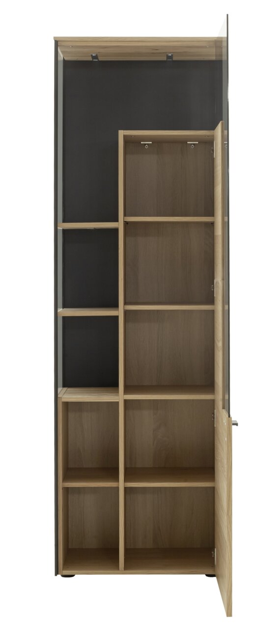 Houten vitrinekast met meerdere planken, gedeeltelijk open, vooraanzicht