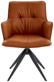 Design-Schalensessel in braunem Leder mit schwarzem Metallgestell, Frontalansicht