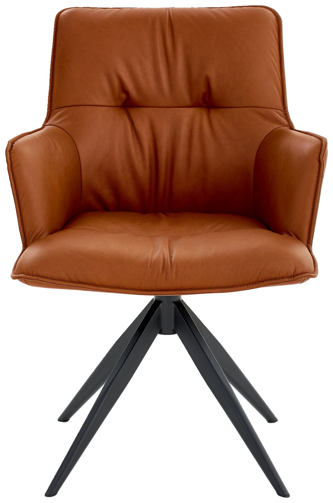 Designfauteuil met kuip in bruin leer en een zwart metalen frame, vooraanzicht