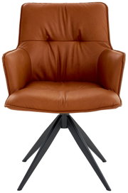 Designfauteuil met kuip in bruin leer en een zwart metalen frame, vooraanzicht
