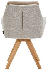 Rückansicht eines Armlehnstuhls mit hellgrauem Stoffbezug und Holzbeinen.