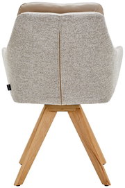 Rückansicht eines Armlehnstuhls mit hellgrauem Stoffbezug und Holzbeinen.