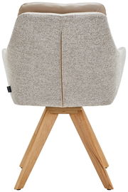 Rückansicht eines Armlehnstuhls mit hellgrauem Stoffbezug und Holzbeinen.