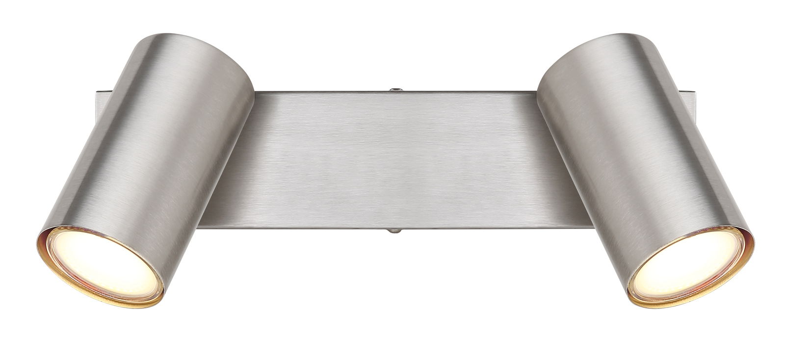 Zweiflammiger Strahler aus gebürstetem Metall in frontaler Ansicht.