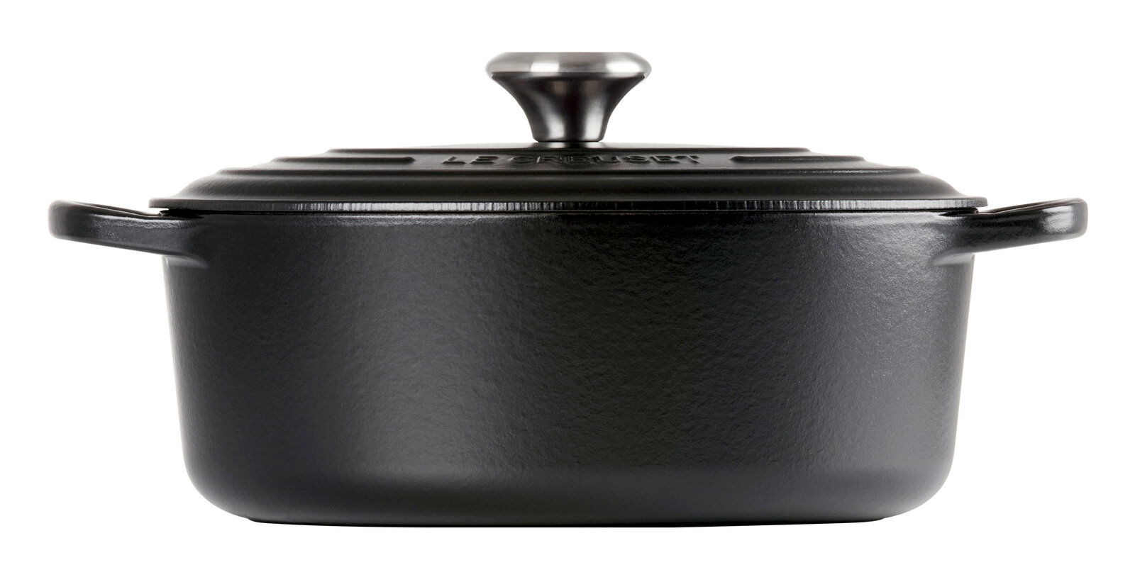 Schwarzer Bräter mit Deckel, seitliche Perspektive, 29 cm, mit Griffen und silbernem Knauf.