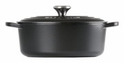 Schwarzer Bräter mit Deckel, seitliche Perspektive, 29 cm, mit Griffen und silbernem Knauf.