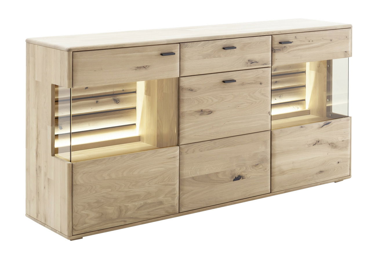 Helles Holz-Sideboard mit Schubladen und Glaseinsätzen, seitliche Perspektive