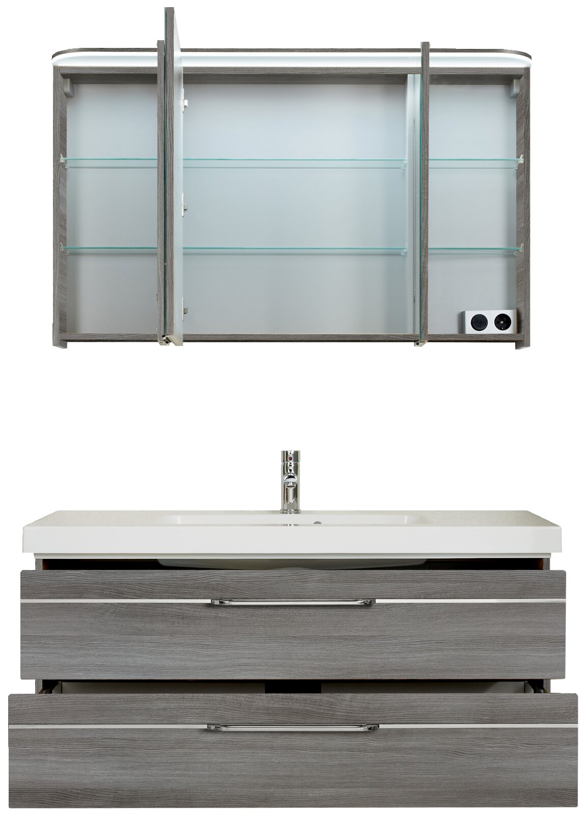 Badezimmermöbel-Set mit grauem Waschtisch und Spiegelschrank, Frontansicht