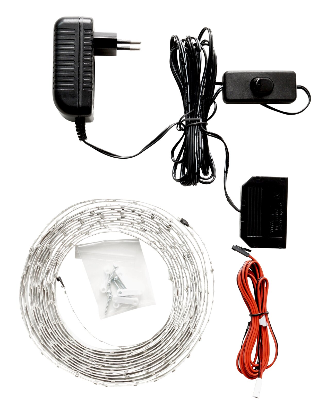 LED-Lichtband-Set mit Netzteil, Kabeln, Schalter und Montagematerial, von oben in Draufsicht auf weißem Hintergrund