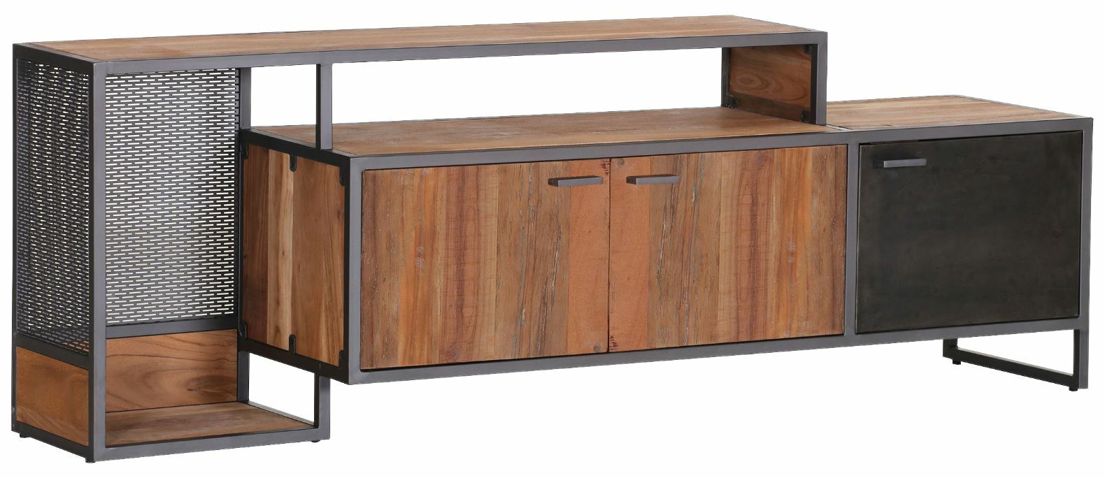 Modernes Lowboard aus Holz und Metall mit offenen Fächern und Türen, seitliche Perspektive