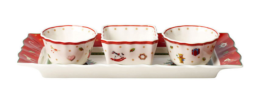 Dip Set 4-tlg. mit weihnachtlichen Motiven, bestehend aus drei Schalen und einem Tablett, seitliche Perspektive
