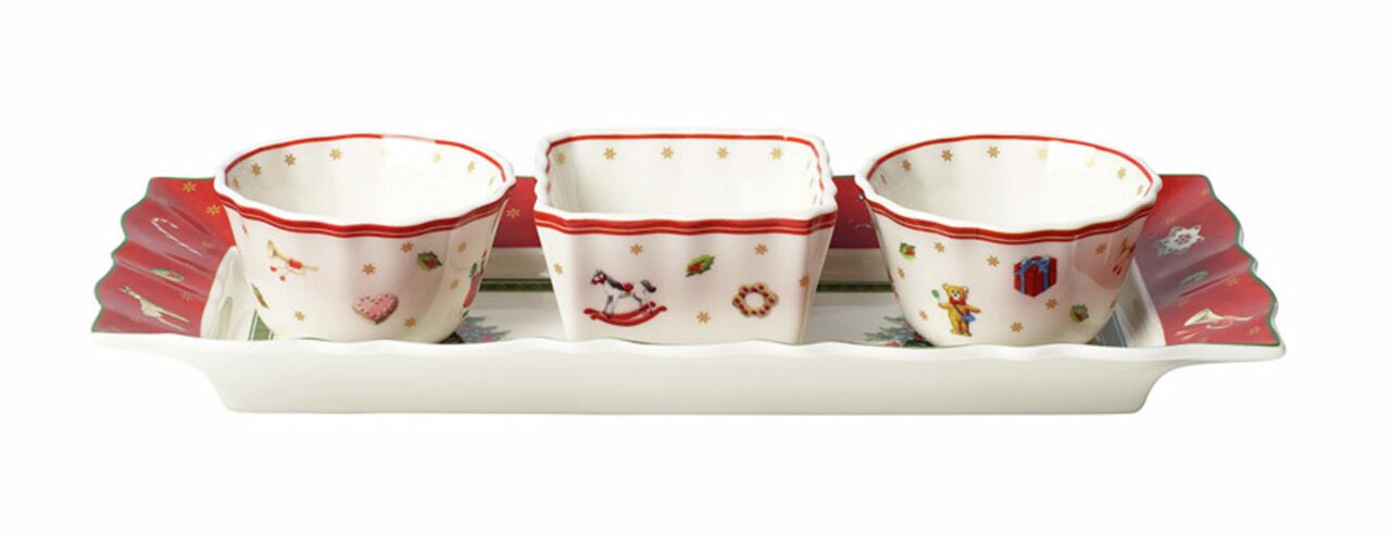 Villeroy & Boch Toy's Delight Dip-Set 4-teillig Dip Set 4-tlg. mit weihnachtlichen Motiven, bestehend aus drei Schalen und einem Tablett, seitliche Perspektive