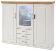 Weißes Highboard mit Holzoberfläche, zwei Türen, drei Schubladen und einer Glasvitrine in der Mitte, frontal betrachtet