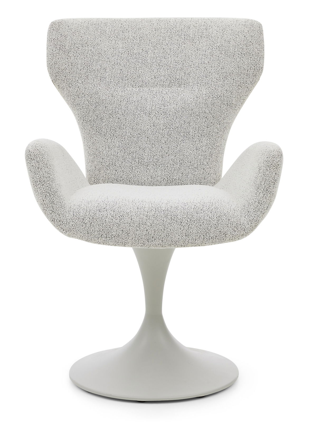 Moderner Armlehnstuhl mit grauem Stoffbezug und elegantem, drehbarem Fuß, Frontalansicht.