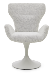 Moderner Armlehnstuhl mit grauem Stoffbezug und elegantem, drehbarem Fuß, Frontalansicht.