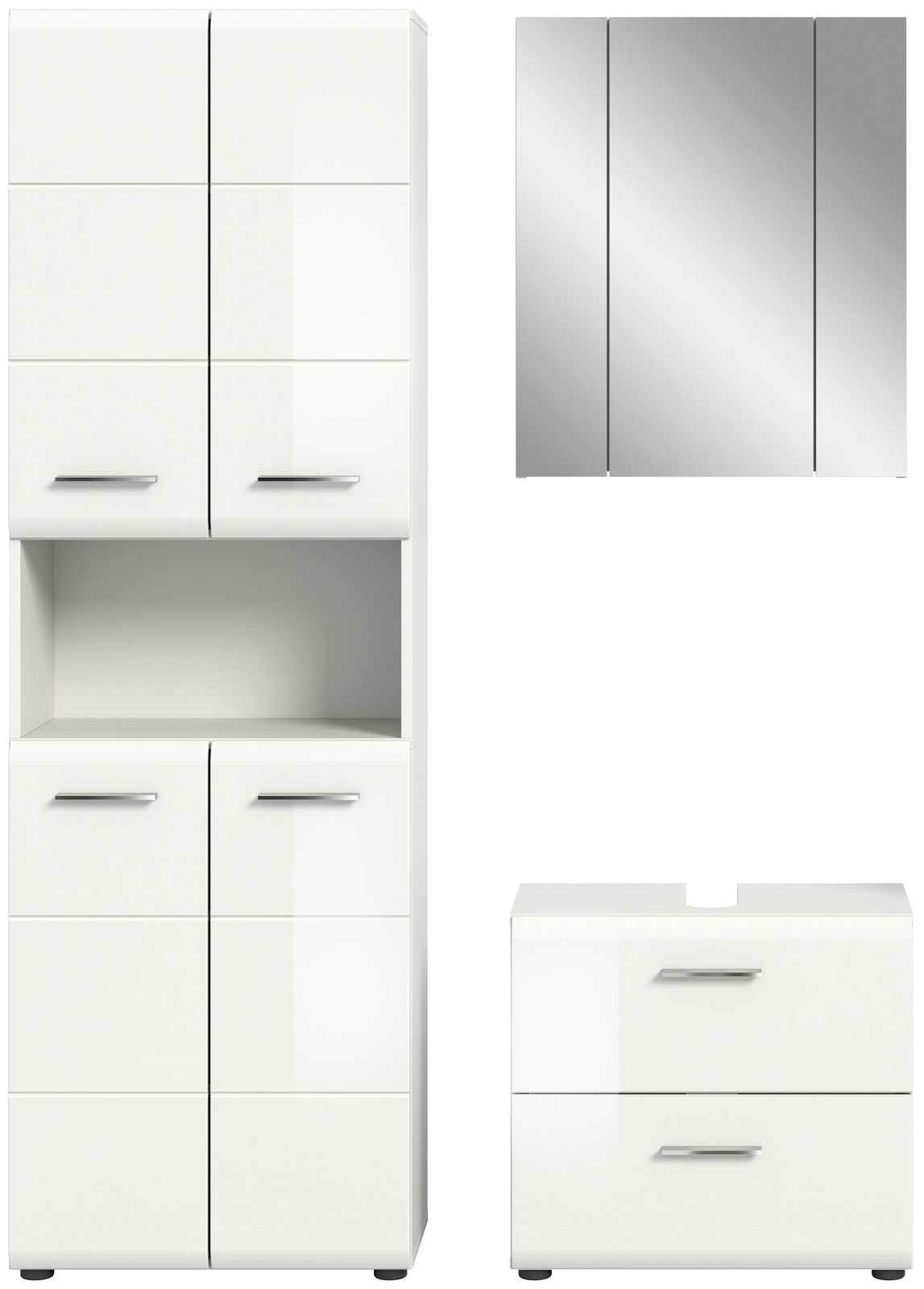 Moderne Badkombination in Weiß mit Spiegelschrank, Hochschrank und Unterschrank, frontal abgebildet.