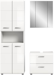 Moderne Badkombination in Weiß mit Spiegelschrank, Hochschrank und Unterschrank, frontal abgebildet.
