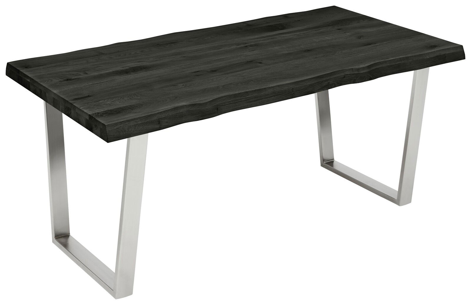Moderne Tischplatte aus dunklem Holz mit natürlicher Kante und stabilen Metallbeinen, seitliche Perspektive