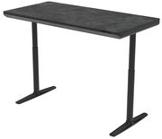 Moderner E-Schreibtisch mit dunkler Tischplatte und höhenverstellbaren Beinen, seitliche Perspektive