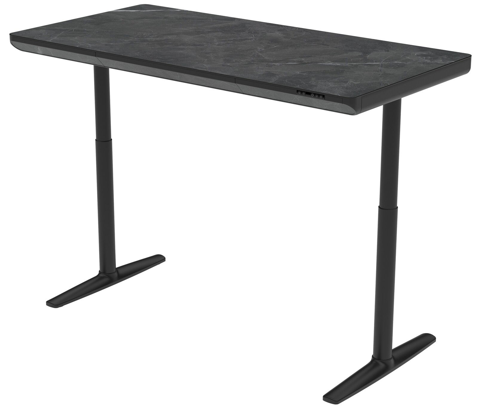 Moderner E-Schreibtisch mit dunkler Tischplatte und höhenverstellbaren Beinen, seitliche Perspektive