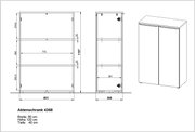 Zeichnung eines Aktenschranks mit den Maßen Breite 80 cm, Höhe 120 cm, Tiefe 40 cm, Frontansicht, Seitenansicht und perspektivische Ansicht.