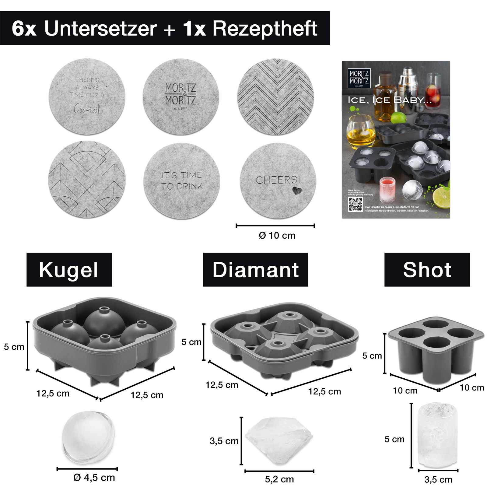 Eiswürfelform-Set mit drei verschiedenen Formen: Kugel, Diamant und Shot, inklusive 6 Untersetzern und einem Rezeptheft. Perspektive von oben.