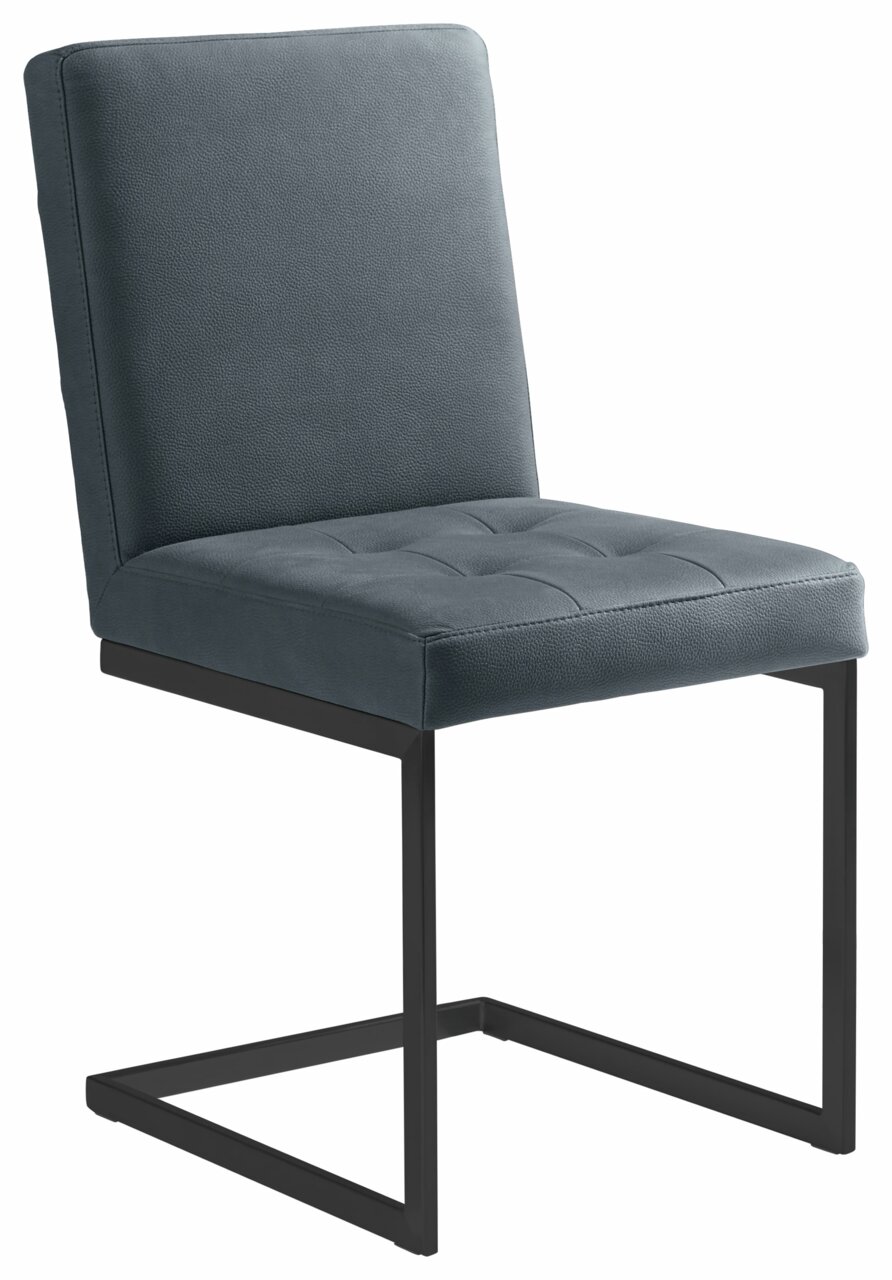 Moderne cantilever-stoel met gestoffeerde zitting en rugleuning in donkere stof, zijaanzicht
