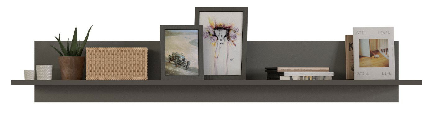 Wandboard mit Dekorationen, darunter Pflanzen, Bilderrahmen und Bücher, aus frontaler Perspektive.