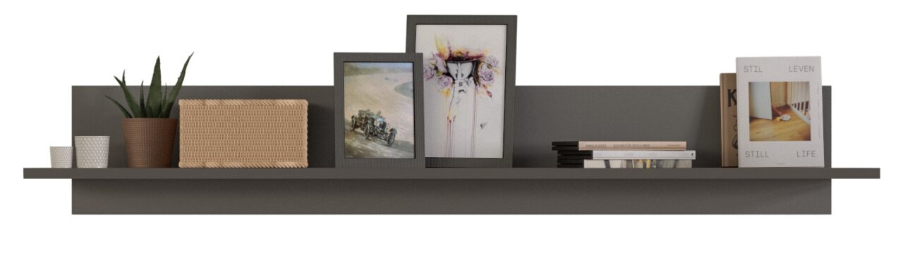 Wandboard mit Dekorationen, darunter Pflanzen, Bilderrahmen und Bücher, aus frontaler Perspektive.