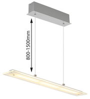 Moderne LED-Hängeleuchte in seitlicher Perspektive mit verstellbarer Höhe von 800 bis 1500 mm.