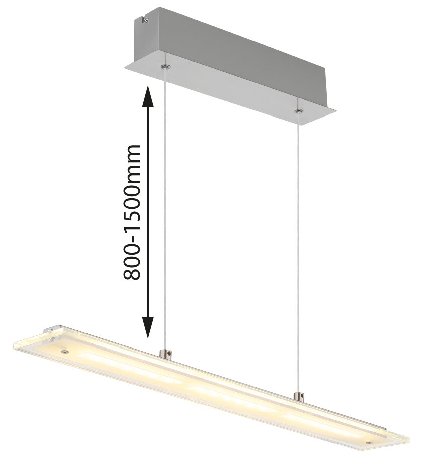 Moderne LED-Hängeleuchte in seitlicher Perspektive mit verstellbarer Höhe von 800 bis 1500 mm.