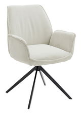 Moderner Armlehnstuhl mit hellgrauem, geripptem Stoffbezug und schwarzem Metallgestell, seitliche Perspektive